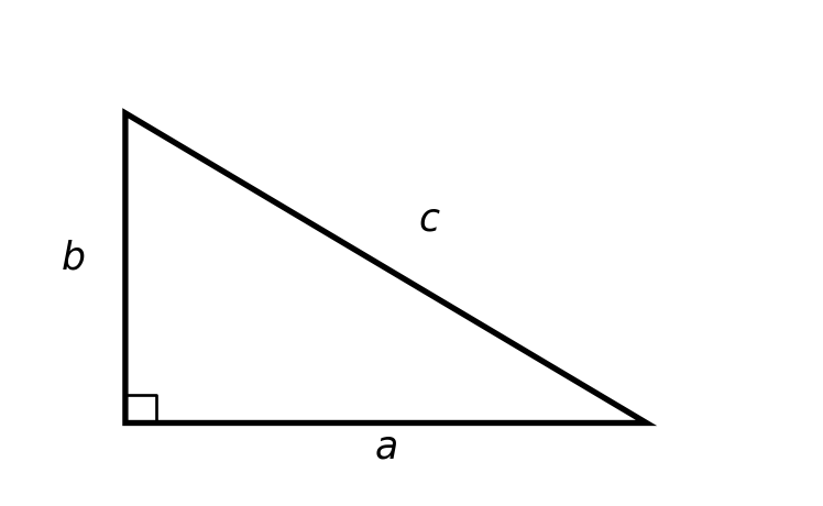 A labeled right triangle with legs a and b and hypotenuse c, with a right angle marker at the corner where the legs meet