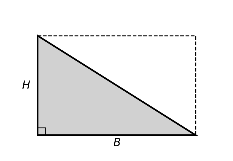 A shaded right triangle inside a rectangle. The rectangle's two remaining sides are shown as dashed lines, illustrating that the triangle occupies exactly half the rectangle.