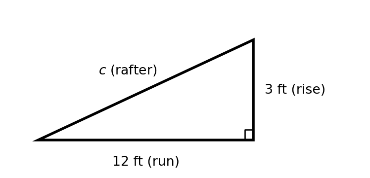 A right triangle representing a roof cross-section. The horizontal leg is labeled 12 ft (run), the vertical leg is labeled 3 ft (rise), and the hypotenuse is labeled c (rafter).