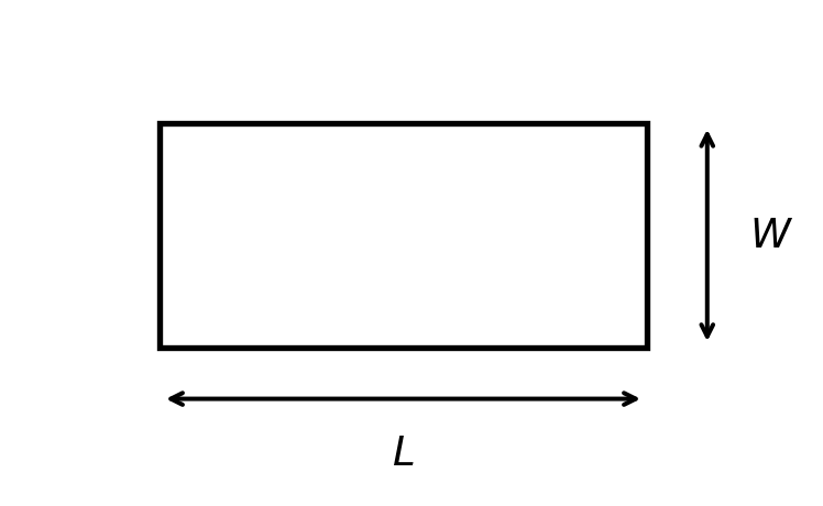 A labeled rectangle showing length L along the bottom and width W along the right side, with double-headed arrows indicating each dimension