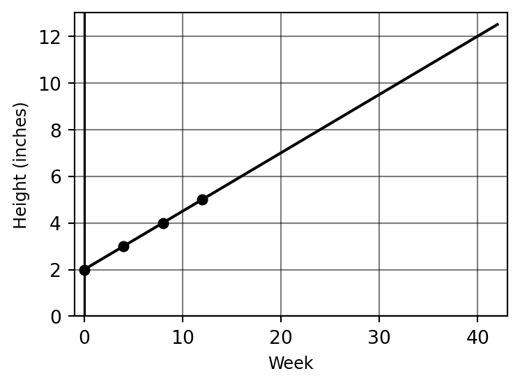 Sketch of pile height vs. week number, showing a line with slope 1/4 and y-intercept 2